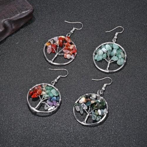 Kuziduocai New Fashion Fine Jewelry Hanging 11 Colors Lrregular Natural Spar Hand Made Tree of Life Earrings For Women Gifts