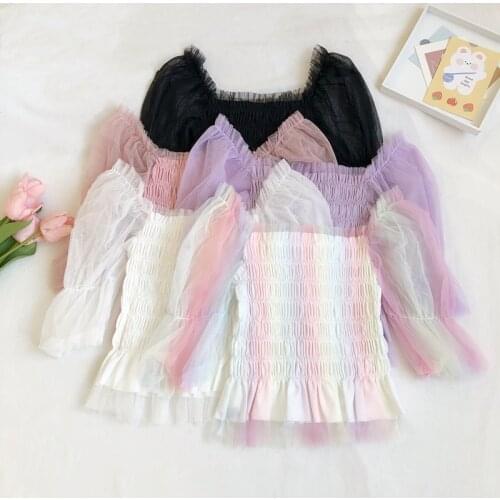 Summer Women Square Collar Mesh Gauze Puff Sleeve Pleated Ruffles Shirt Lady Short Elastic Slim Waist Pullover Chic Blouse Tops