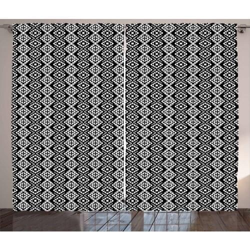 Monochrome Aztec Curtains Ethnic Folk Square Motives Satin Fabric Drapes for Living Room Bedroom 2 Panel Window Set