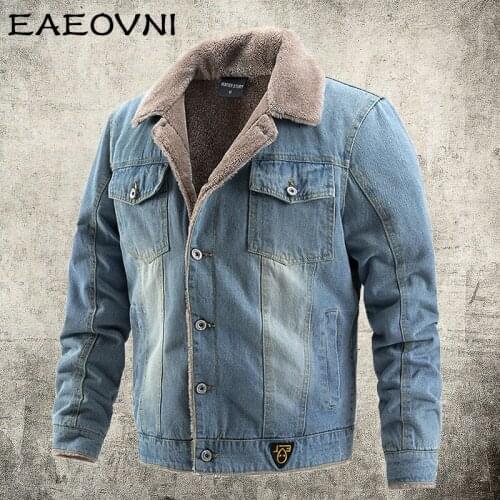 EAEOVNI Winter Warm Denim Jacket Men Fleece Lined Jean Jacket Coat Thick Outwear Coat Streetwear Bomber Jacket Mens Clothing