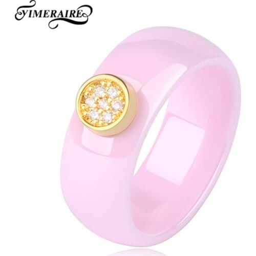 Sweet Romance Pink Finger Rings With Gold Crystals For Elegant Ladies Thick Ceramic Ring Fashion Jewelry Accessories 8mm Wedding