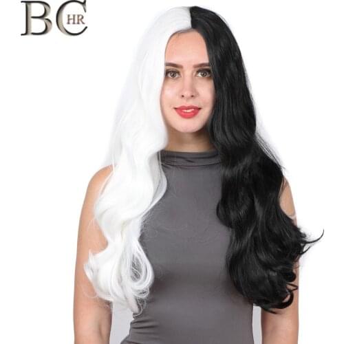 BCHR White Black Harajuku 13*4 Lace Front Wig for Women Long Wavy Synthetic Wig Heat Resistant Fiber Lace Cosplay Wig