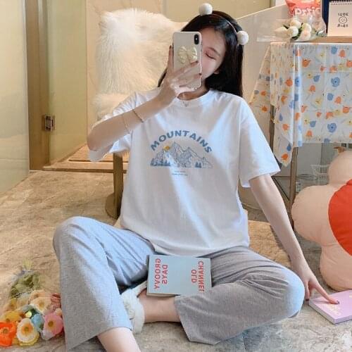 2021 Summer 100% Cotton Short Sleeve Long Pants Pajama Sets for Women Korean Sleepwear Suit Pyjama Homewear Pijama Mujer Clothes