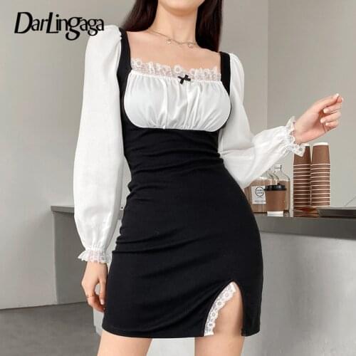 Darlingaga Square Neck Elelgant Lace Patchwork Black Dress Fashion Ruched Puff Sleeve Woman Dresses Split Slim Autumn Dress Mini