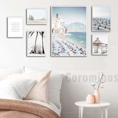 Nordic Italy Coast Umbrella Poster Nature Landscape Print Sea Beach Surfboard Canvas Painting Seascape Picture Wall Art Decor