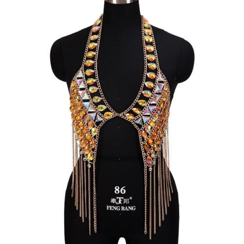 Tassel Metal Chain Crystal Sexy Bra Slave Harness Open Back Body Chain Women Choker Necklace Bikini Beach Punk Goth Rave Jewelry