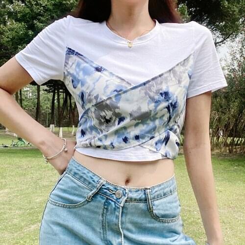 2021 Summer Women’s Casual Short Sleeve T-shirt Fashion Printing Stitching Bandage Slim Fit Exposed Navel Tops