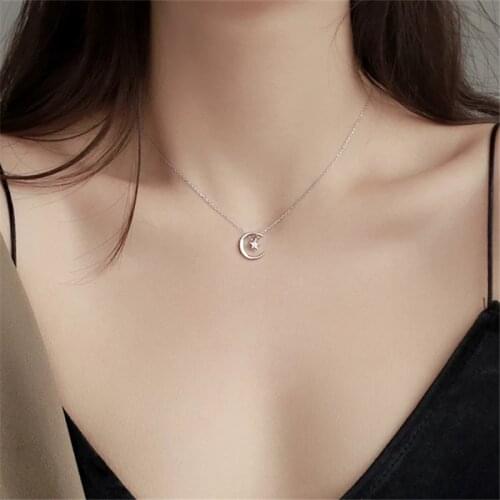 925 Sterling Silver Moon Star Sparkling Clavicle Chain Charm Necklace Woman Wedding Jewelry Party Birthday dz167