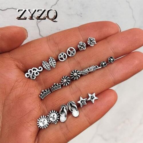 ZYZQ 11 Pcs Indian Earrings Set for Women Vintage Jewelry Stars Sun Retro Piercing Earring for Student Stud Earrings 2021