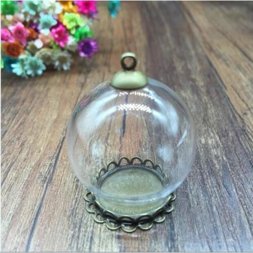10sets/lot 30*20mm Glass globe antique bronze double lace setting base cap glass vials pendant DIY glass necklace pendant dome