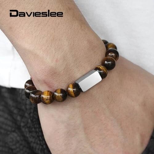 10mm Bead Bracelet for Men Women Natural Stone Bead Stretch Name Engraving Lava Tiger Eye Stone ID Bracelet 17-20cm LPZ011