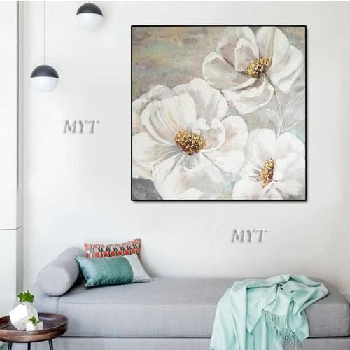 100% real painting hand-painted 1 picture of 3 white flowers, painting canvas mural, bedroom