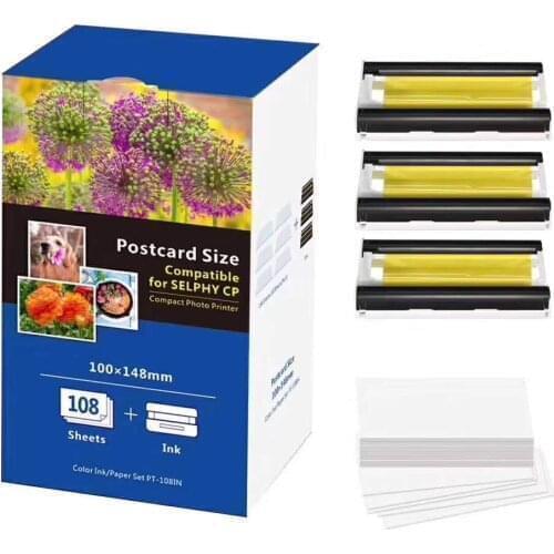 6" KP-108IN KP-36IN for Canon Selphy Set CP1000 CP1200 CP1300 CP910 CP900 CP740 CP760 Printer 3 Ink Cartrdige+108 Sheet Paper
