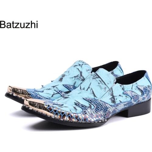 Batzuzhi Brand New Men Shoes Personality Metal Toe Blue Formal Leather Dress Shoes Men Business, Party and Wedding Shoes Male