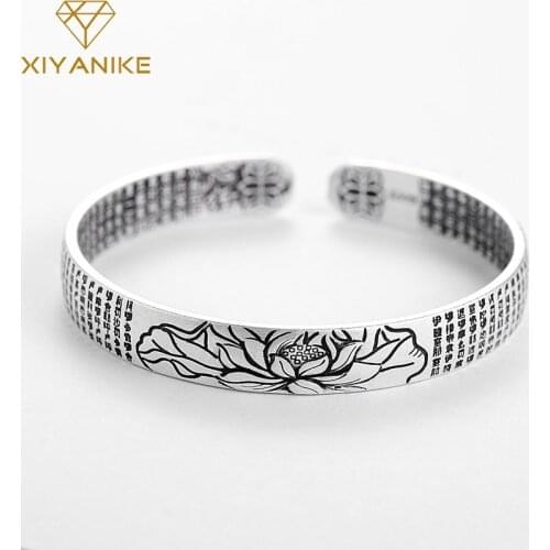 XIYANIKE 925 Sterling Silver Cuff Bracelet Vintage Simple Lotus Flower Religious Jewelry Thai Silver Party Accessories for Women