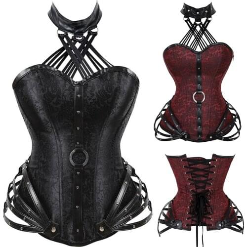 Black Gothic Corset Top Womens Sexy Faux Leather Burlesque Waist Cincher Corsets Red Steampunk Steel Boned Korse Punk Goth