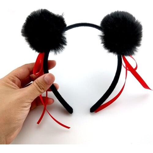 Black Plush Ball Red Ribbon Headband Women Girls Hair Hoop Gift Purim Party Headwear Decor Accessories