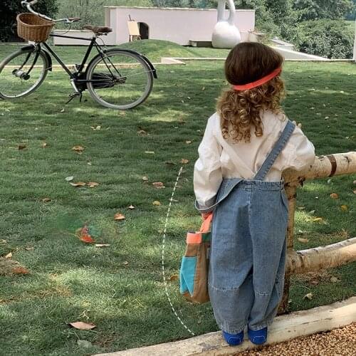 Childrens Pants 2021 Autumn New Korean Boys and Girls Cute Solid Color Jeans Button Strap Pant Childrens Lantern Pants