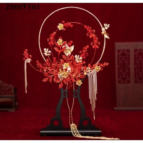 JaneVini Luxury Bridal Hand Fans Red Metal Leaves Flowers Sparkly Beaded Chinese Wedding Bouquet Brides Holder Fan Ramo De Boda