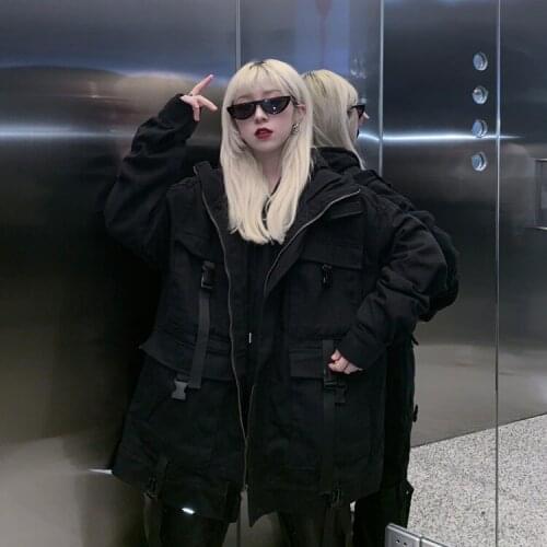 Streetwear Harajuku Black Denim Jacket Oversized Pockets Women Jeans Jackets Loose BF Vintage Coats RV247