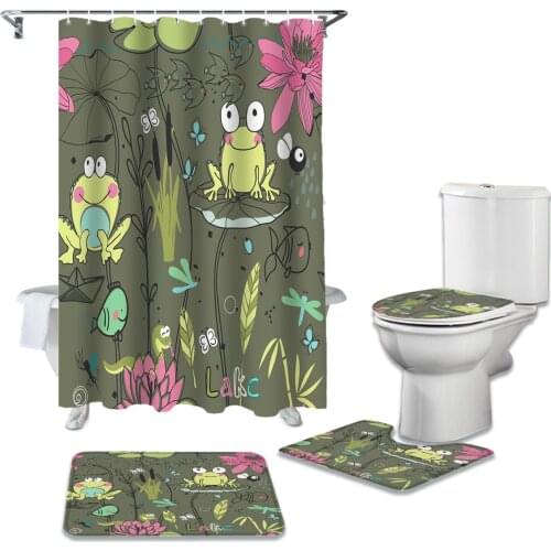 Frog Lotus Leaf Flower Fish Pond Shower Curtain Sets Non-Slip Rugs Toilet Lid Cover and Bath Mat Waterproof Bathroom Curtains