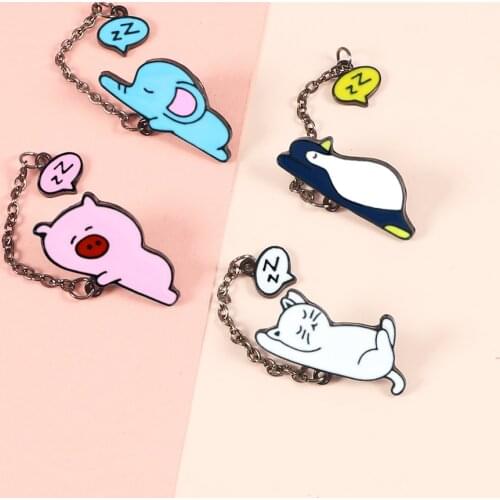 Metal Chain Series Animal Pin Planet Puppy Elephant Pig Cat Astronaut Airplane Lapel Pin Girl Cartoon Alloy Enamel Brooch Gift