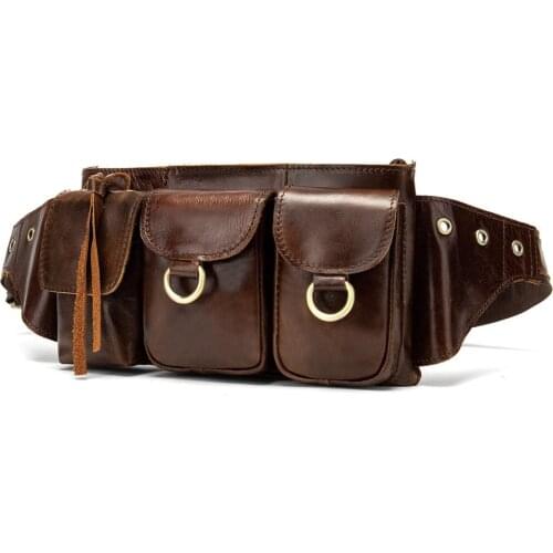 Men Leather Waist Bag Retro Leather Man Bag Multifunction Pockets Casual mens Large Capacity Motorcycle Bag Waist Pack Bag