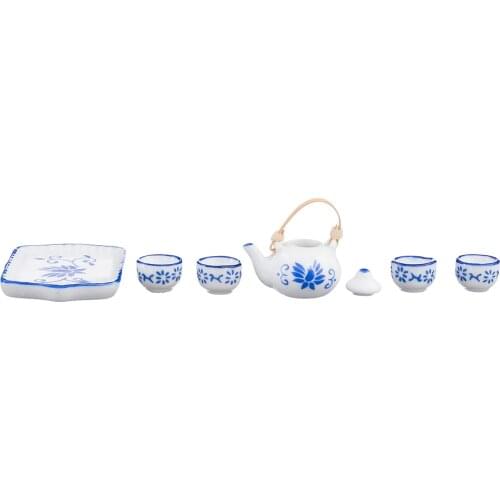 Set of 6 Dollhouse Kitchen Accessories - 1/12 Dollhouse Miniature Blue Flower Print Ware Porcelain Tea Set (Pot Cup Plate)
