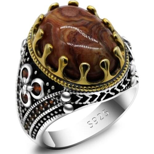New Turkey 925 Sterling Silver Mens Ring Natural Crazy Agate Classic Claw Set Ladies Punk Ring High Jewelry Gift