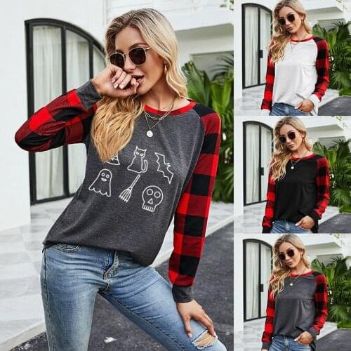 2021 autumn wish cross border womens clothing Christmas New Plaid simple printing pattern bat loose round neck womens clothing