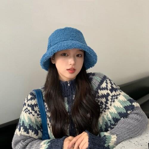 Appa Bucket Hat Lamb Wool Hat Winter Thicken Warm Fishing Panama Cap Faux Fur Casul Bucket Hat Men Women Solid tide Flat Top Hat