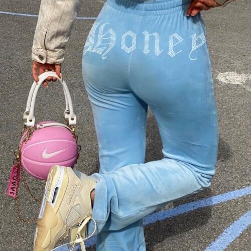 Casual Women Rhinestone Soft Velvet Straight Pants Hot Drilling Hight Waist Drawstring Pants Fashion Letter Rhinestone Trousers