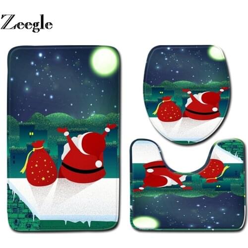 Zeegle Christmas Bath Mat Set Bathroom Decoration Non-slip Toilet Cover Mat Absorbent Toilet Pedestal Rug Foot Mat Toilet Set