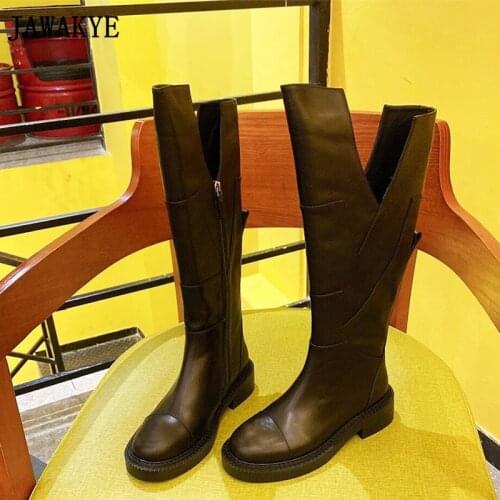 New V Shape Opening Women Knight Boots Round Toe Platform Real Leather Black Shoes Thick Sole Block Low Heel Knee High Boots