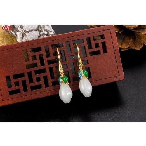 S925 silver retro ethnic style earrings female temperament white jade tulip earrings