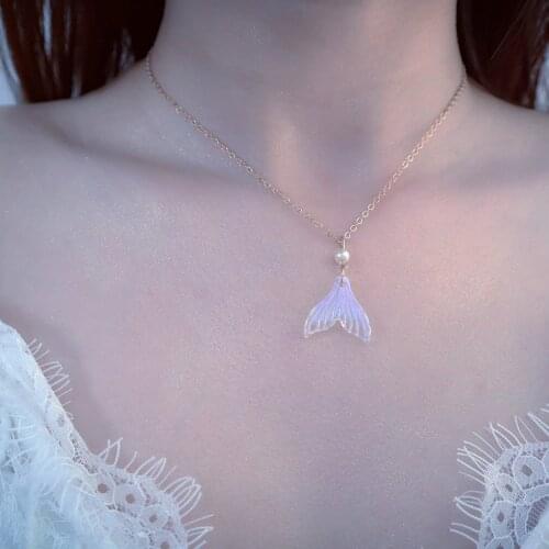 Romantic Fishtail Acrylic Choker Necklace For Women Jewelry Gold Plated Link Chain AB Color Imitation Pearl Jewelry 32cm long