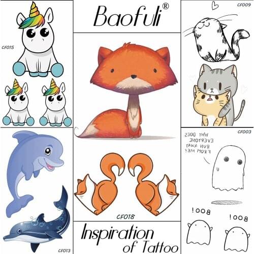Baofuli Fox Flash Temporary Tattoo Unicorn Cartoon Dlophin Art Tattoo Waterproof Cat Fake Tattoo Children Body Arm Hand Leg