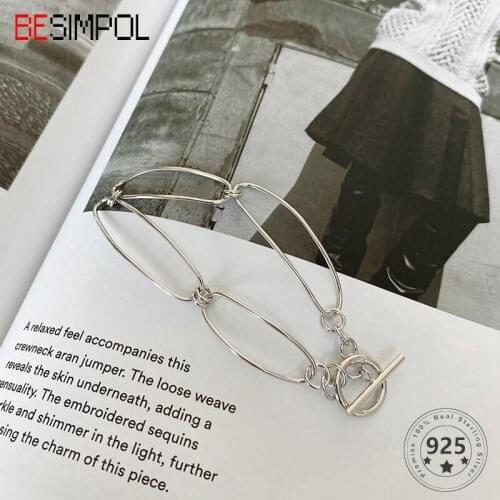 Besimpol 100% Real Sterling 925 Silver Bracelets Celi French Style Geometric Loop Bracelet for Women Minimalist Fine Jewelry