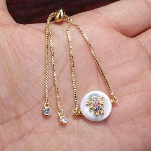 Cz tiny gold girl child image charm round coin pearl connector bead thin link bracelet for woman jewelry gift for mother