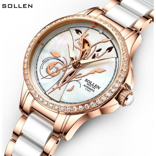 Switzerland Luxury Brand SOLLEN Automatic Mechanical Womens Watches Waterproof Diamond Space Ceramic Band Skeleton Clocks SL415