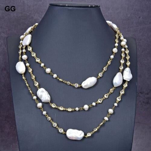 GG Jewelry Natural Pearl 65'' White Keshi Pearl Crystal Gold Color Plated Chain Long Necklace