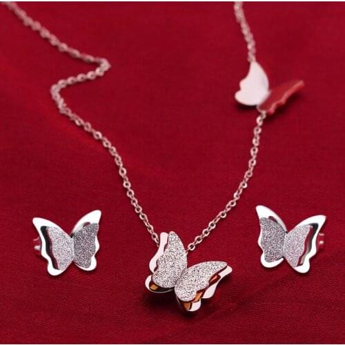 Stainless Steel Jewelry Set Rose Gold Butterfly Charms Necklace Earrings Fashion Jewelry for Women Girls Engagement Gifts