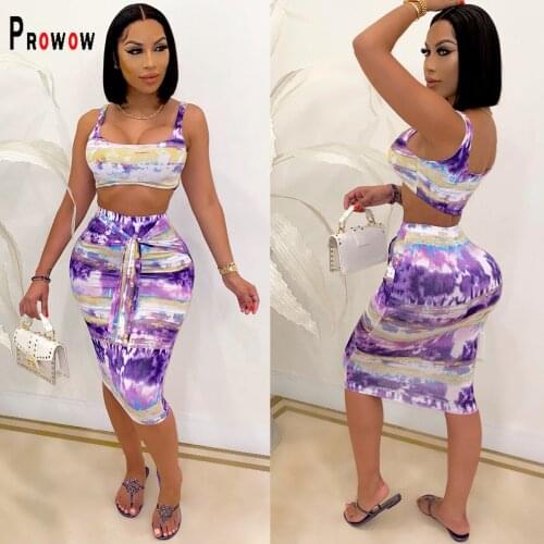 Prowow Fashion Tie Dye Print Women Clothing Set Corset Tops Bandage Skirt 2pcs Maching Suits 2021 New Summer Female Streetwear