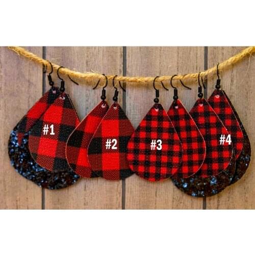 Red and Black Buffalo Plaid with or without Black Chunky Glitter Teardrop Faux Leather Earrings