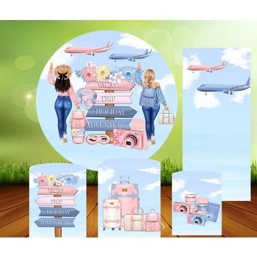 Let us Travel Girl Circle Round Background Flower Baby Shower Birthday Party Banner Candy Table Plinth Cover Elastic 1021
