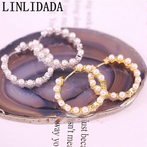 5Pairs, New Style Pearl beads hoop Earring Fashion women girl gift jewelry Trendy beautiful clear cz Round circle hoops