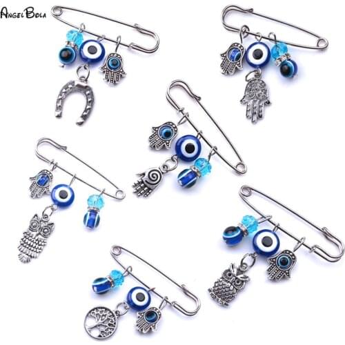 Lurkey Evil Eye Metal Hamsa Hand Owl Charms Pendant Brooch pin Alloy Crystal Brooch Pins Fashion Jewelry Gift For Women Girls