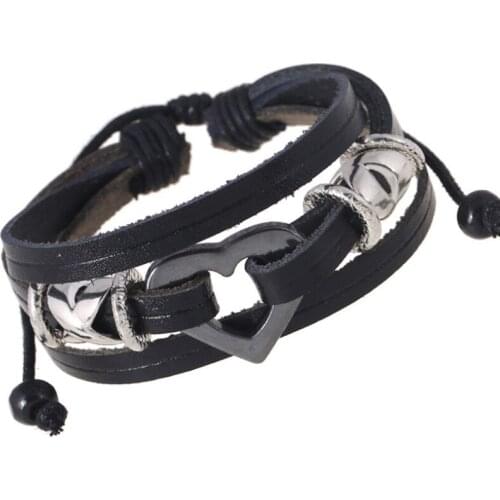 Fashion Punk Black Heart Charm Bracelet Wrap Alloy Beads Genuine Leather Cuff Adjustable Bangle Wristband Vintage Hiphop Jewelry