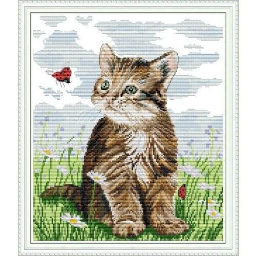 NKF Cat and Ladybird Cross Stitch Kits 11CT 14CT Chinese Embroidery Needlework Set Cross Stitch Pattern for Home Decor