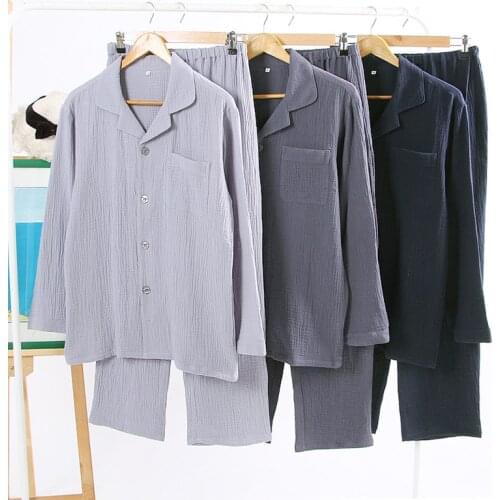 New Couple Double Crepe Gauze Pajama Set 100% Cotton Long Shirt Nightwear Long Sleeve Nightgown Men And Women Pijamas Sleepwear